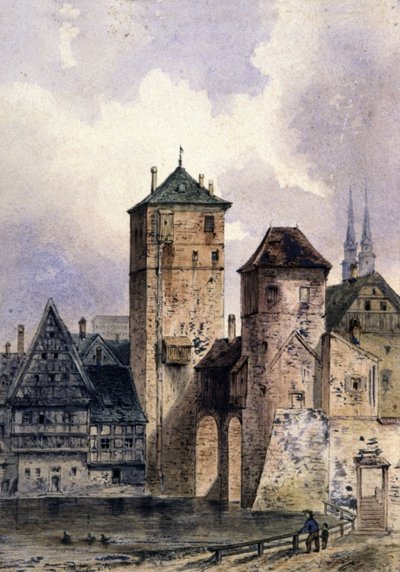 Středověké město na Rýně, asi 1850-1900 (akvarel) od Unbekannter Künstler