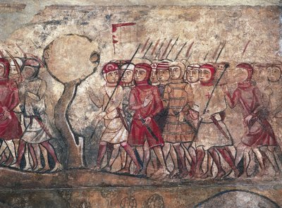 Vojenské shromáždění, jemuž předsedal král Jakub I. Aragonský, známý jako Dobyvatel, freska v Palau Reial Major, Barcelona od Unbekannter Künstler