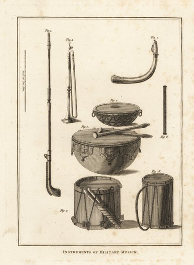 Vojenské hudební nástroje: trubka, lesní roh, píšťala, kotlíkový buben, boční buben od Unbekannt