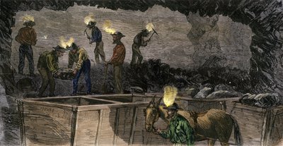 Horníci kopající v dole a nakládající uhlí do malých vozíků poháněných mulami v Pensylvánii. Kolorovaná rytina z roku 1860. od Unbekannter Künstler