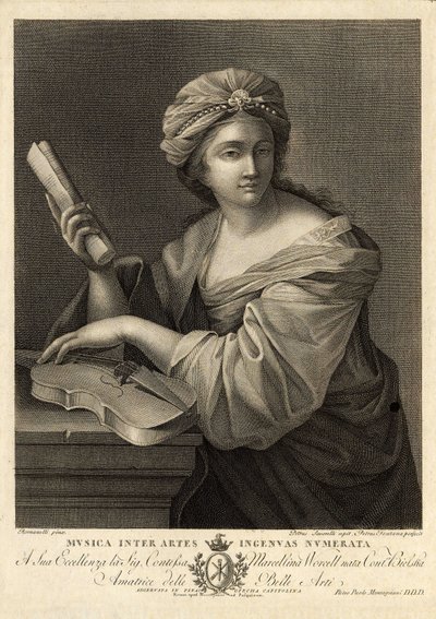 Musica inter artes ingenua numerata, Rytina Pietra Savorelliho podle obrazu Giovanniho Francesca Romanelliho, barokního malíře 18. století. od Unbekannter Künstler