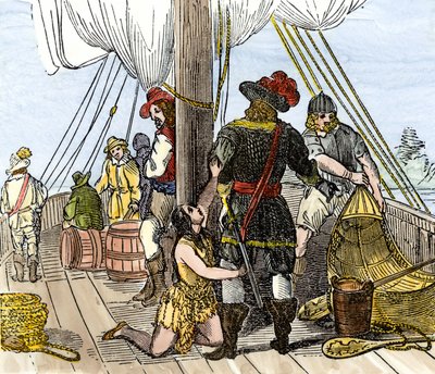Původní obyvatelstvo Ameriky: Indiáni. Pocahontas zajatá na palubě jamestownské lodi. Barevná rytina z 19. století. od Unbekannter Künstler