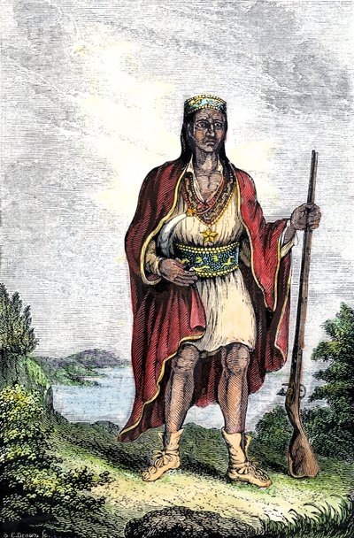 Původní obyvatelstvo Ameriky: Indiáni Spojených států. Metacomet (asi 1639-1676), známý také jako král Filip nebo Metacom, náčelník kmene Wampanoag (Massachusetts, Nová Anglie). Barevná rytina. od Unbekannter Künstler