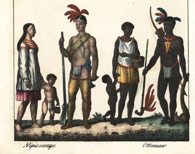 Původní obyvatelé Kanady: rodina indiánů z jezera Nipissing a rodina indiánů z oblasti Ottawy. Litografie pro knihu: (1785-1863), Mei: "Galerie complete en tableaux fideles des peuples d