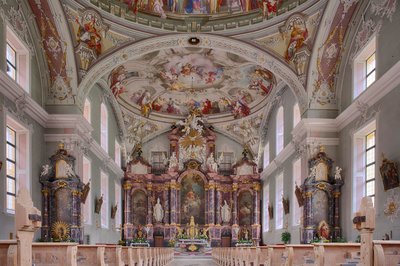 Loď, oltář, nástropní malba, fotografie interiéru, katolický farní kostel sv. Jiří, Neustift, údolí Stubai, Tyrolsko, Rakousko, Evropa (foto) od Unbekannter Künstler
