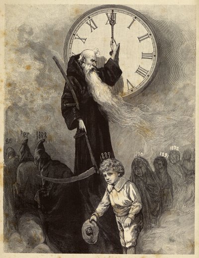 Novoroční alegorie 1889 zobrazující starou klenbu symbolizující starý rok, která ustupuje usmívajícímu se malému chlapci symbolizujícímu nový rok. Čas se na výjev dívá otáčením ručiček hodin. Rytina z 19. století od Unbekannter Künstler