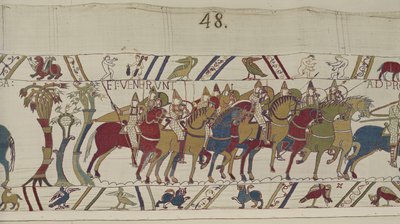 Normanští vojáci opouštějící Hastings bojovat s Haroldem, Bayeux Tapestry (vlněná výšivka na plátně) od Unbekannt