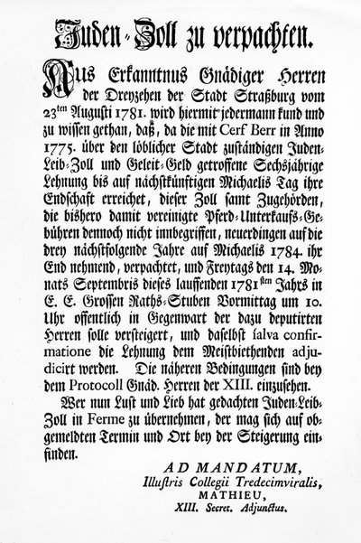 Oznámení štrasburského správního orgánu Třináctky (Tredecim Viri) o veřejné dražbě práva vybírat „Juden Zoll“ po dobu 3 let od Unbekannt