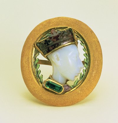 Opera di commesso s portrétem francouzského krále Karla VII., francouzština, kolem roku 1422 (chalcedon, granát, smaragd, zlato a smalt) od Unbekannt