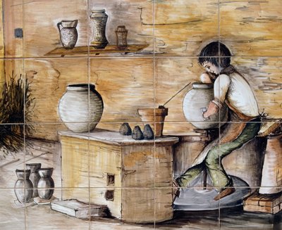 Malovaný panel z maioliky zobrazující scénu výroby keramiky, ručně vyrobený Ceramiche Desuir, Santo Stefano di Camastra, Sicílie, Itálie, Detail od William M. Timlin