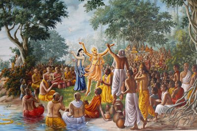 Obraz na Bhaktivedanta Manor zobrazující Pána Caitanyu, Pána Nityanandu a jejich následovníky na březích řeky Gangy. od Unbekannt