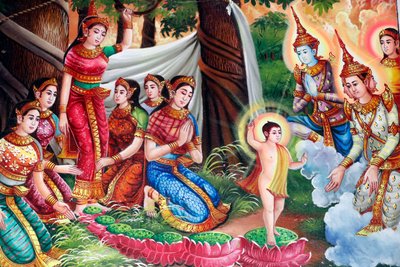 Obraz zobrazující životní příběh Buddhy Šákjamuniho. Narození Buddhy v háji Lumbini. Kep. Kambodža. (fotografie) od Unbekannt