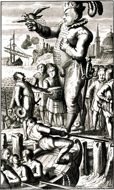 Pantagruel sendet Nachrichten an Gargantua mittels einer Brieftaube (Rabelais) von 