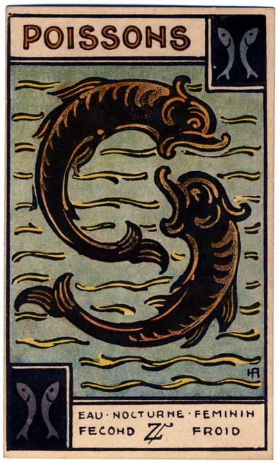 Paranormální. Astrologie. Ryby (ryby). Astrologická karta od: Le Tarot Astrologique (Astrologický tarot), Georges Muchery, Francie od Unbekannter Künstler