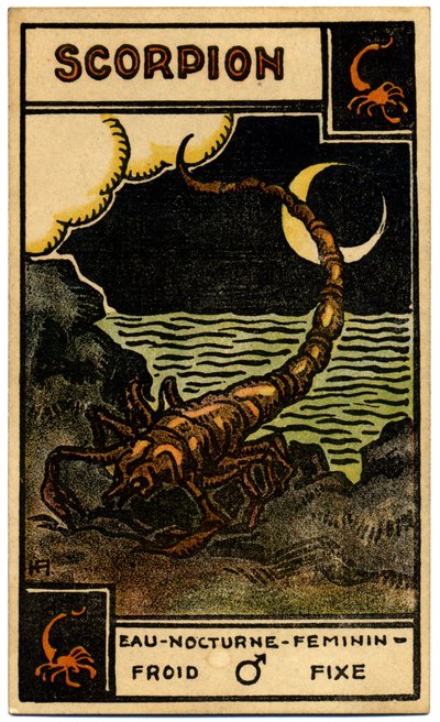 Paranormální. Astrologie. Štír (Štír). Astrologická karta od: Le Tarot Astrologique (Astrologický tarot), Georges Muchery, Francie od Unbekannter Künstler