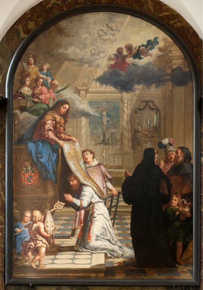 Farní kostel (Farní kostel Panny Marie). Interiér. malování. Panna Maria dává ornát Saint-Ildefonsovi. od Unbekannter Künstler