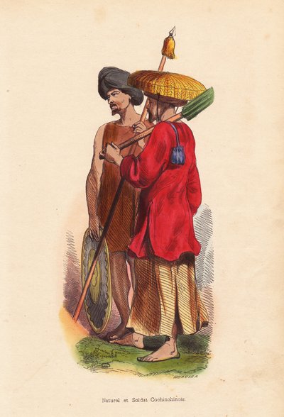Peasant et soldat Cochinchinois (Vietnam) - Muži z Vietnamu (Cochinchine): voják s turbanem, štítem a kopím a zemědělec se slaměným kloboukem, tunikou a lopatou - Mercierův ručně kolorovaný dřevoryt z knihy "Moeurs, Uses et Costumes de tous les Peuples du  od Unbekannter Künstler
