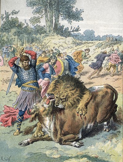Pepin The Brief bojuje se lvem a býkem na Champ de Mars, aby dokázal svou odvahu (751) od Unbekannter Künstler