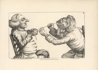 Lékař se směje při trhání zubu pacienta pomocí provázku. Mědirytina podle satirické ilustrace Timothyho Bobbina (Johna Colliera) (1708-1786) z knihy Human Passions Delineated, John Haywood, Manchester. od Unbekannter Künstler