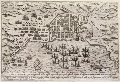 Plán Drakeova útoku na Santo Domingo, kolem roku 1595 (rytina) od Unbekannter Künstler