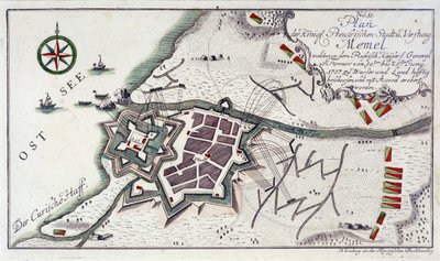 Plán města Memel (dnešní Klaipeda, Litva) během kapitulace města, 27. června až 5. července 1757. Lept v barvách z roku 1764. od Unbekannter Künstler