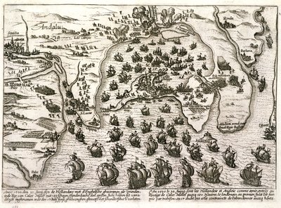 Plán přístavu Cádiz v roce 1596 v době útoku sira Waltera Raleigha (rytina) od Unbekannter Künstler