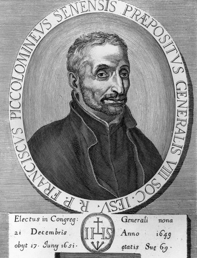 Portrét Francesca Piccolominiho (1582-1651), italského jezuity, byl generálním představeným Tovaryšstva Ježíšova v letech 1649 až 1651, rytina od William M. Timlin