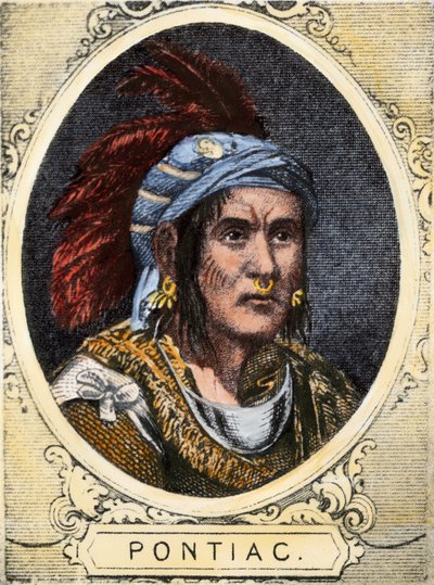 Portrét Pontiaca (nebo Obwandiyaga, asi 1714-1769), náčelníka indiánského kmene Outaouais v Detroitu (národ Ottawa). Barevná rytina z 19. století. od Unbekannter Künstler
