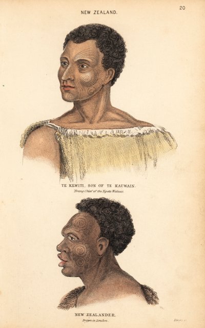Portrét Te Kewitiho, syna Te Kauwaina, mladého náčelníka maorského kmene Ngate Watnas na Novém Zélandu, a portrét potetovaného Maora na Novém Zélandu, který nakreslil Agasse v Londýně. Ručně kolorovaná ocelorytina od Lizarse podle ilustrace Charlese Hamilt od Unbekannter Künstler