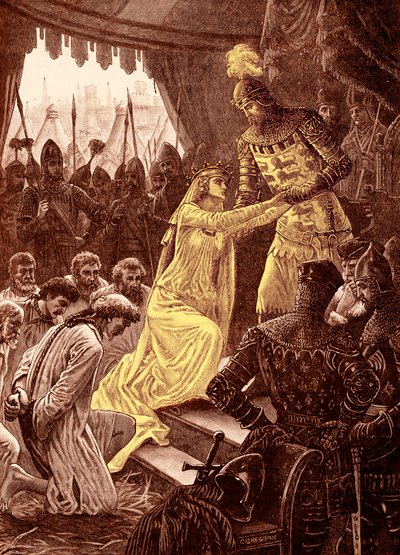 „Královna Filipa se přimlouvá za měšťany z Calais“ v roce 1347 (rytina) od Unbekannter Künstler