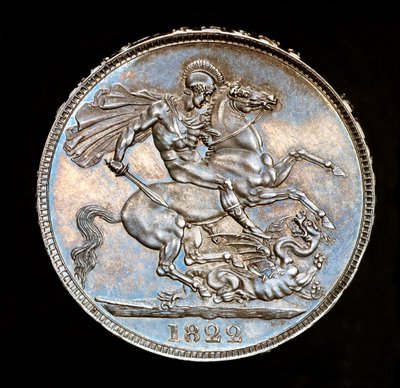 Vzácná britská mince, král Jiří IV., stříbrná koruna, patron Anglie na koni s mečem, který se chystá zabít draka, ražba Bernedetto Pistrucci od Unbekannter Künstler
