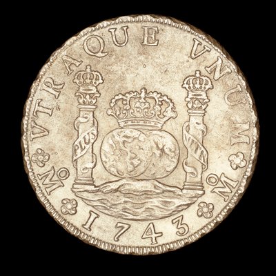 Vzácná stříbrná mince, Španělská Amerika, král Ferdinand VI, 8 Reale, Herkulovy sloupy na Gibraltské úžině s glóby, koruna od Unbekannter Künstler