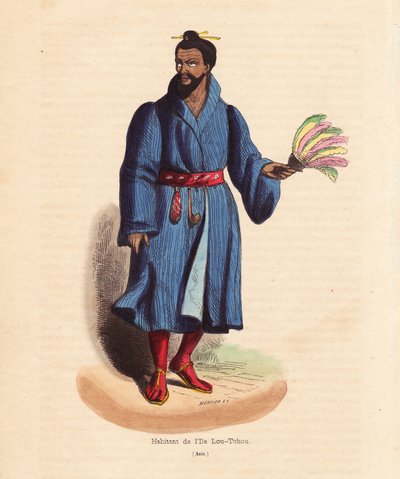Obyvatel ostrovů Rjúkjú (Okinawa, Japonsko) - Člověk z ostrovů Lou-Tchou (ostrovy Rjúkjú nebo moderní Okinawa) - Ručně kolorovaný dřevoryt od Merciera z knihy "Habits, Uses et Costumes de tous les Peuples du Monde, Asie" od Auguste Wahlena, pseudonym Jean od Unbekannter Künstler