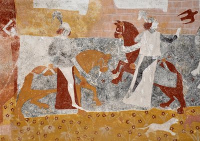 Románské umění: Catherine de Jouhet, Vienne, Poitou-Charentes (Poitou Charentes), Francie. Setkání tří živých a tří mrtvých. (Vypráví o setkání tří mladých a bohatých rytířů se třemi mrtvými. "Který od Unbekannter Künstler