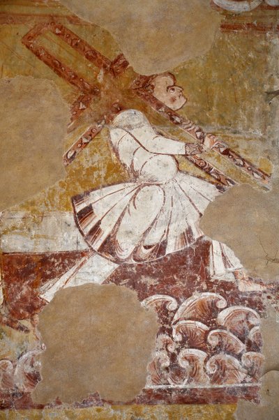 Románské umění: Šimon z Cypře nese Kristův kříž. Detail fresky na chóru "La vie du Christ" (13. století) z kostela svatého Martina (Saint Martin). od Unbekannter Künstler