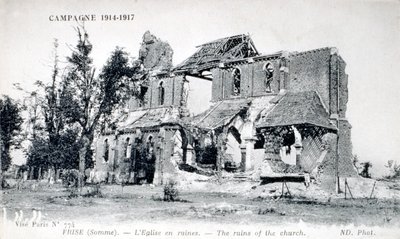 Ruiny kostela ve vesnici Frise, Somme, Francie 1914-1918 (pohlednice) od Unbekannter Künstler