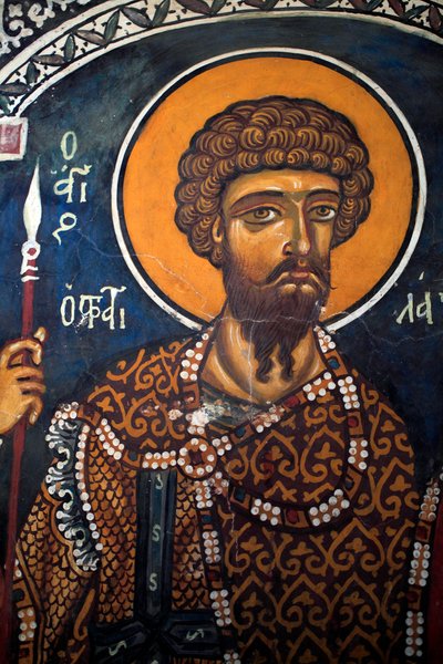 Saint Theodore Stratelates: byzantská freska ze 14. století (1332) Phorbiotissa Virgin church, Asinou Cyprus Malované kostely UNESCO Troodos, Kypr od Unbekannt