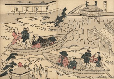 Samurajové překračují řeku (u Akasaky Mitsuke) na člunu cestou do zábavních čtvrtí Jošivary. Dřevotisk Masanobu Okumury (1686-1764) z knihy Fuzoku Emakimono, Obrazový svitek vodního obchodu, Tokio, reprint kolem roku 1880. od Unbekannter Künstler
