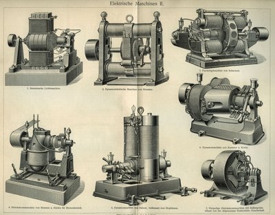 Věda a technika deska zastupující německé elektrické stroje. Ilustrace převzata z „Meyers Grosses Konversations - Lexikon““ 1904. Bibliographers Institute, Lipsko a Vídeň od Unbekannt