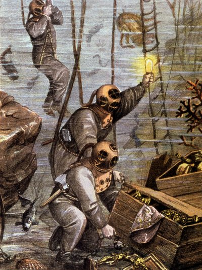 Potápěč objevující podmořský poklad, počátek 20. století (ilustrace) od Unbekannter Künstler