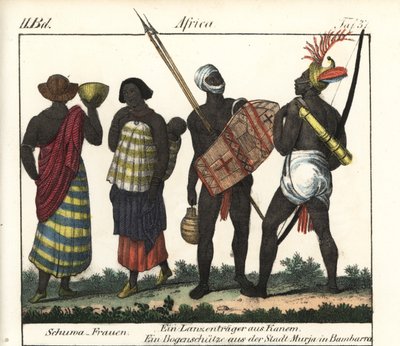 Ženy z kmene Shoua s dítětem, oštěpem a lučištníkem z říše Kanem (Čad a Libye). Litografie pro knihu: "Friedrich Wilhelm Goedsche (1785-1863), vydání Míšeň (Německo). od Unbekannter Künstler