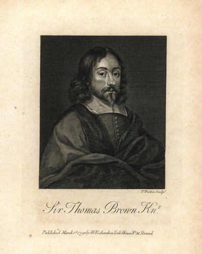 Sir Thomas Brown, anglický polyhistor a spisovatel v oblasti vědy, medicíny, náboženství a esoteriky, zemřel roku 1682. Mědirytina z knihy Williama Richarda Portraits Illustrating Granger