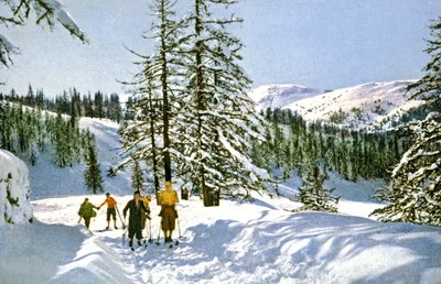 Lyžařská túra na Francouzské riviéře, asi 1930 (Pohlednice) od Unbekannter Künstler