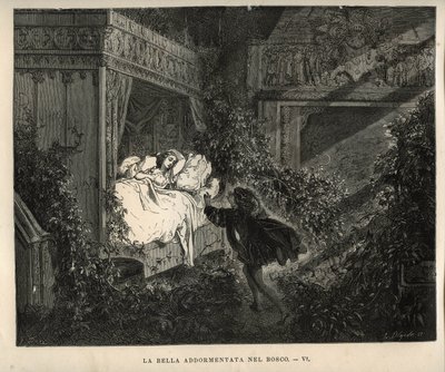 Šípková kráska: Princ objevuje spící princeznu na sto let. Rytina od Gustava Dore (1832-1883) z „“Les contes““ od Charlese Perraulta (1628-1703) od Unbekannt