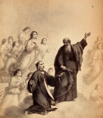Svatý Bernard s úsměvem pobízí Danta, aby vzhlédl vzhůru; básník klečí s otevřenou náručí vedle světce; obklopují je požehnaní duchové. Ilustrace Canto XXXIII v Paradisu Božské komedie od Dante Alighieriho. Dílo Francesca Scaramuzzy dedi od Unbekannter Künstler