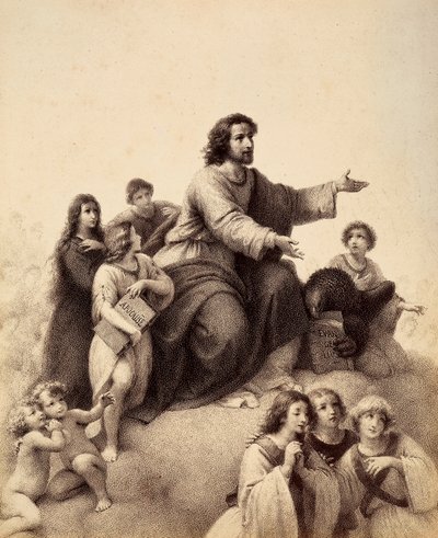Svatý Jan Evangelista s rozpaženýma rukama je obklopen mládeží a anděly; u jeho nohou má orel v pařátech evangelium; mladík po světcově pravici drží knihu Apokalypsy (Zjevení). Ilustrace Canto XXXII od Unbekannter Künstler