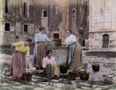 Pouliční scéna na Campo san Pietro ve čtvrti Castello, ženy se setkávají u studny, Benátky. 19. století Tisk na karton Rozm. 25 x 19 cm od Unbekannt