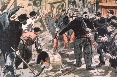 Boj mezi bretonskými grevisty a pořádkovými silami na staveništi, Paříž, počátek 20. století (rytina) od Unbekannter Künstler