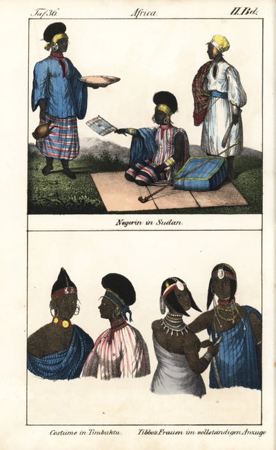 Súdánské ženy v pruhovaných šatech. Níže demmes z Timbuktu (Mali) a tibbské ženy ze Sahary. Litografie pro knihu: "Galerie complete en tableaux fideles des peuples d