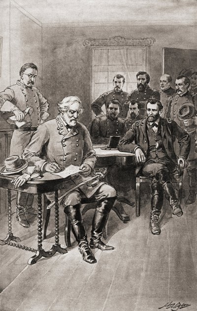 Kapitulace Roberta E. Leeho generálu Ulyssesovi S. Grantovi v Appomattox Court House ve Virginii 9. dubna. od Unbekannter Künstler